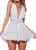 Rosewe Plunging Neck Polka Dot Print Backless Romper