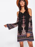 Shein Tie Neck Mixed Print Bell Sleeve Dress