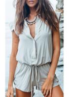 Rosewe Button Closure Grey Drawstring Waist Loose Rompers