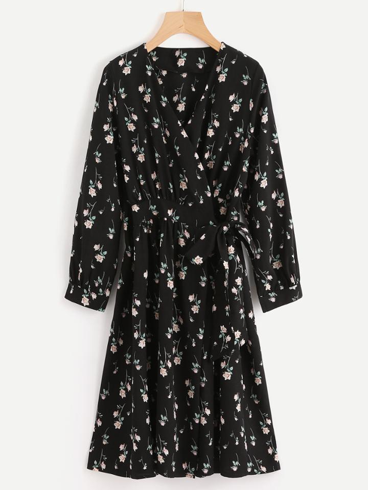 Shein Calico Print Tie Detail Wrap Dress