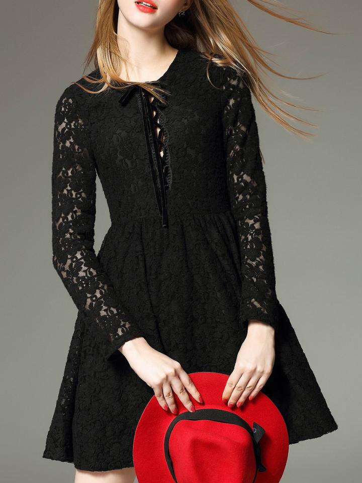 Shein Black Tie Neck Pleated A-line Lace Dress