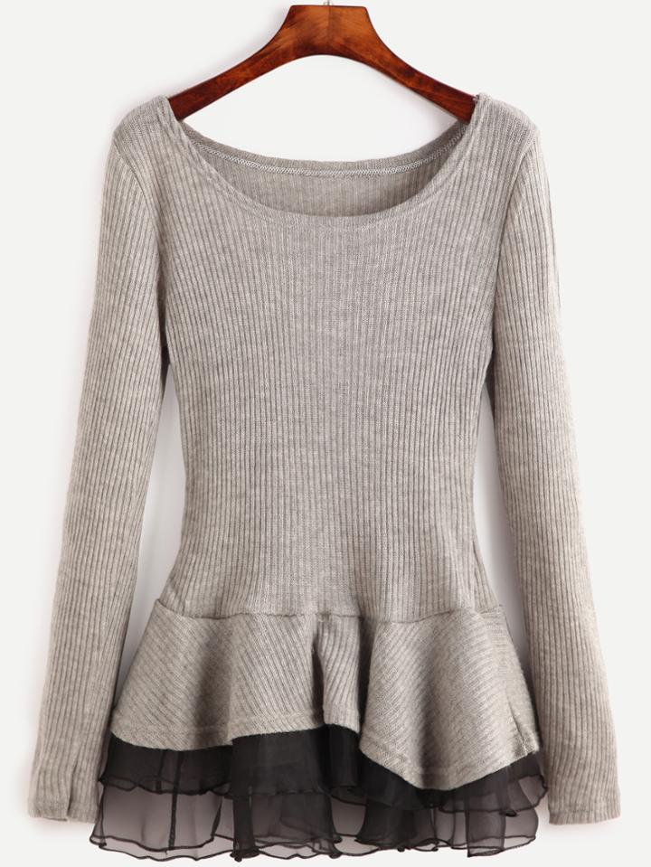 Shein Grey Contrast Chiffon Scoop Neck Sweater