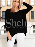 Shein Black Round Neck High Low T-shirt
