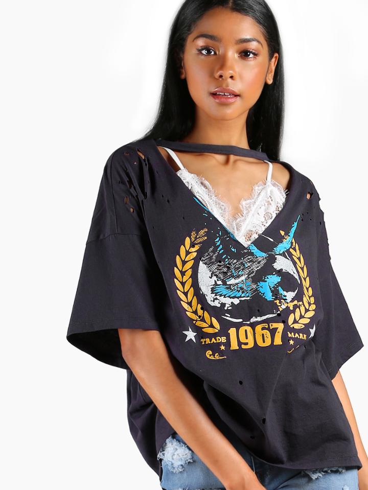 Shein Plunging Choker Neck Drop Shoulder Distressed Graphic Tee