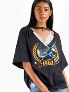 Shein Plunging Choker Neck Drop Shoulder Distressed Graphic Tee