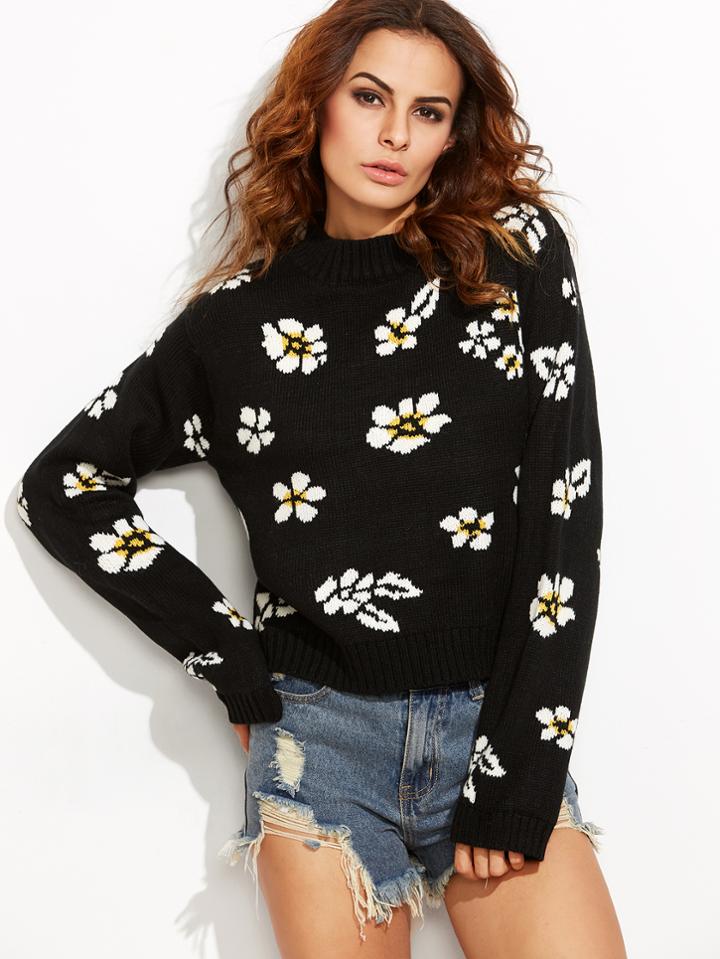 Shein Black Ribbed Trim Pullover Flower Sweater