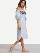 Shein Bardot Bishop Sleeve Embroidery Bow Waist Curved Hem Dress