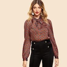 Shein Button Up Tie Neck Tribal Shirt