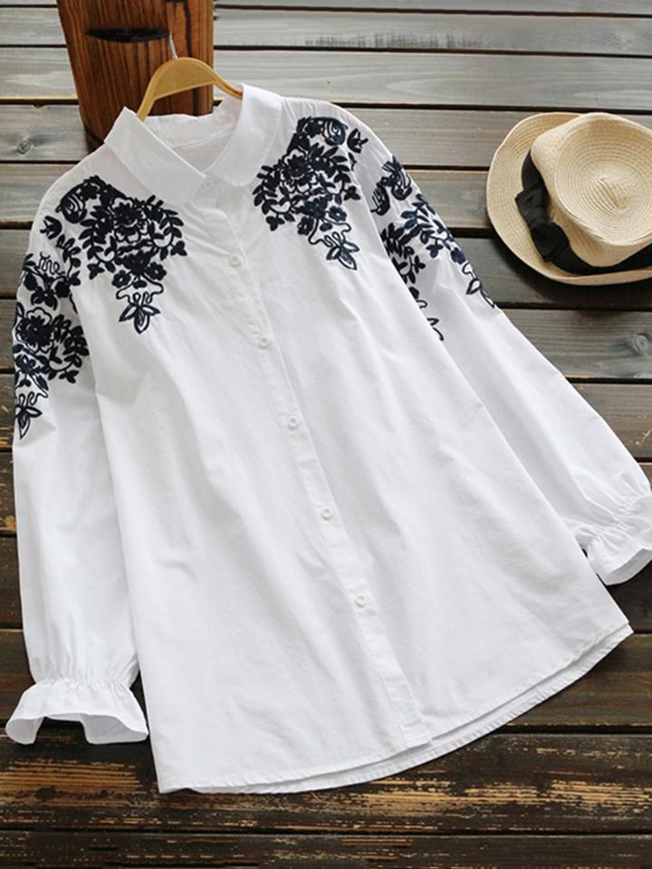 Shein Frill Cuff Embroidered Shirt