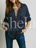 Shein Navy Long Sleeve Lace Up Blouse