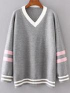 Shein Grey Striped Trim Contrast V Neck Sweater
