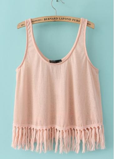 Rosewe Tassels Decorated Round Neck Pink Tank Top