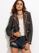 Shein Black Braided String Trim Chevron Pattern Tweed Blazer