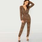 Shein Leopard Print Surplice Neck Jumpsuit