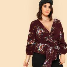 Shein Plus Gathered Sleeve Belted Wrap Floral Top