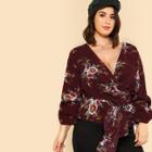 Shein Plus Gathered Sleeve Belted Wrap Floral Top