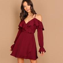 Shein Open Shoulder Flounce Trim Wrap Dress