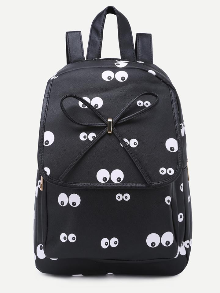Shein Black Cartoon Eyes Print Bowknot Pu Backpack