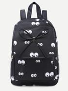 Shein Black Cartoon Eyes Print Bowknot Pu Backpack