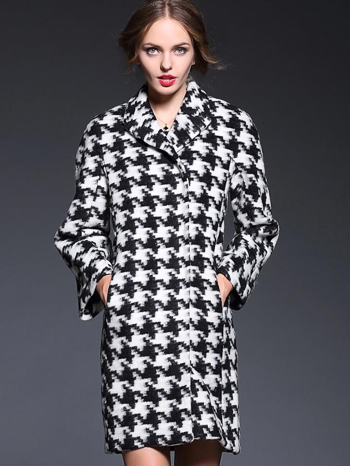 Shein Black Lapel Long Sleeve Pockets Houndstooth Coat