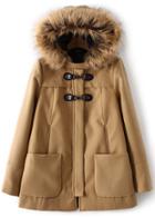 Shein Khaki Faux Fur Hooded Pockets Woolen Coat