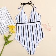 Shein Plus Tassel Detail Striped Swimsuit