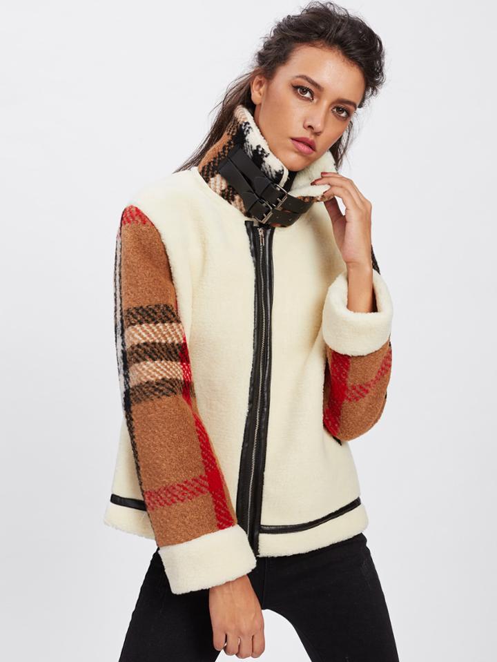 Shein Contrast Plaid Tweed Sleeve Faux Shearling Jacket