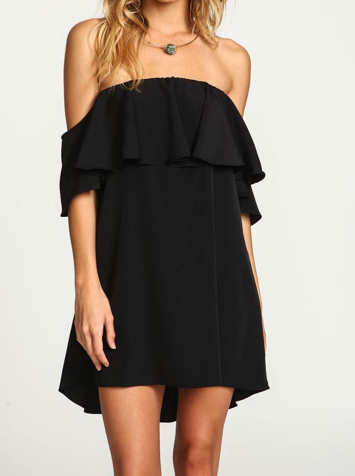 Shein Black Boat Neck Ruffle Loose Dress