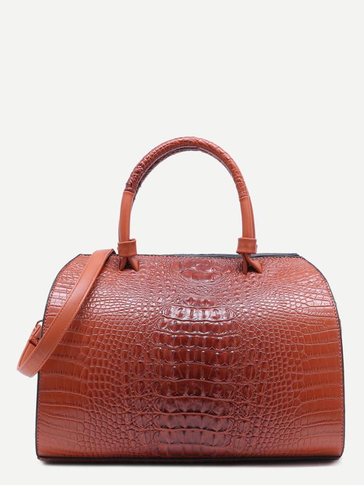 Shein Brown Croc Embossed Leather Front Zipper Bowling Bag