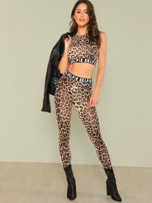 Shein Letter Print Tape Crop Top With Leggings Set
