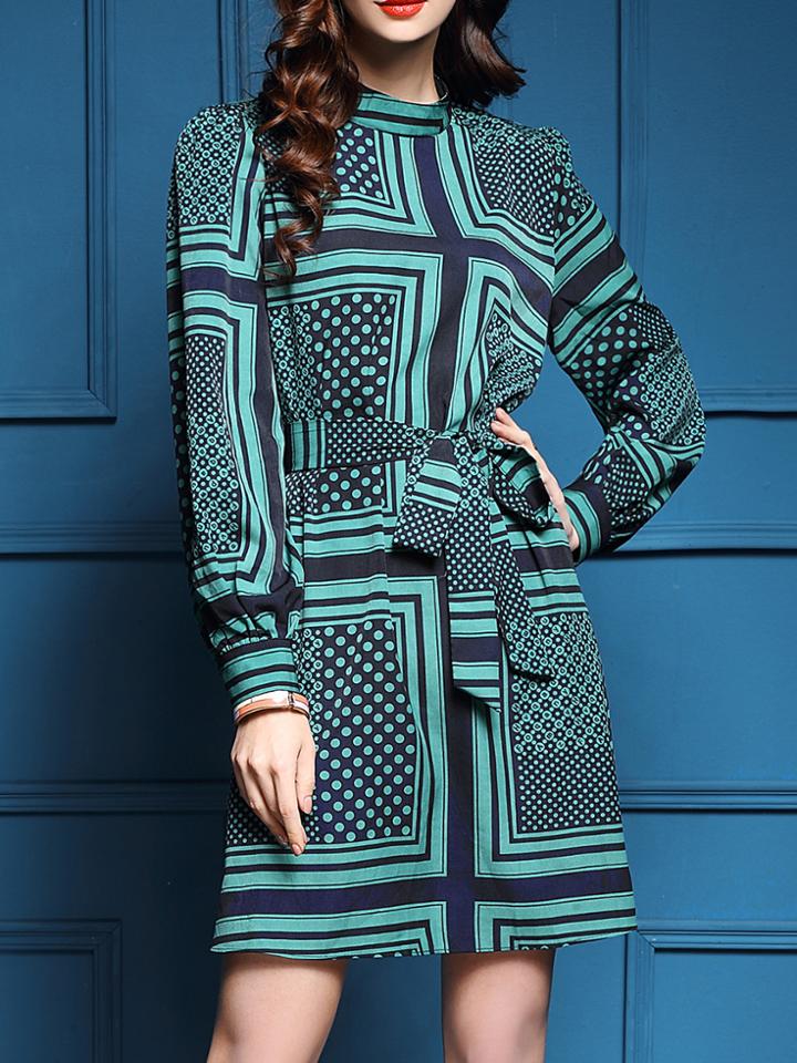 Shein Green Tie-waist Print Shift Dress
