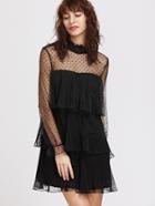 Shein Sheer Sleeve Polka Dot Tiered Ruffle Dress
