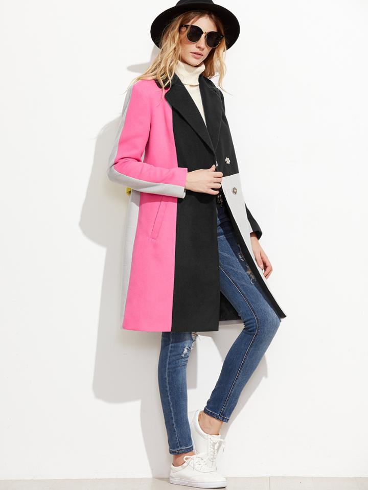 Shein Color Block Hidden Button Back Belted Coat
