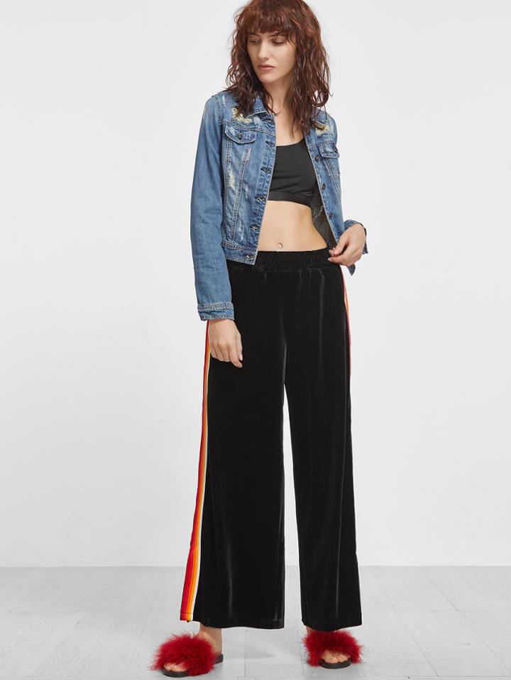 Shein Black Velvet Striped Side Wide Leg Pants