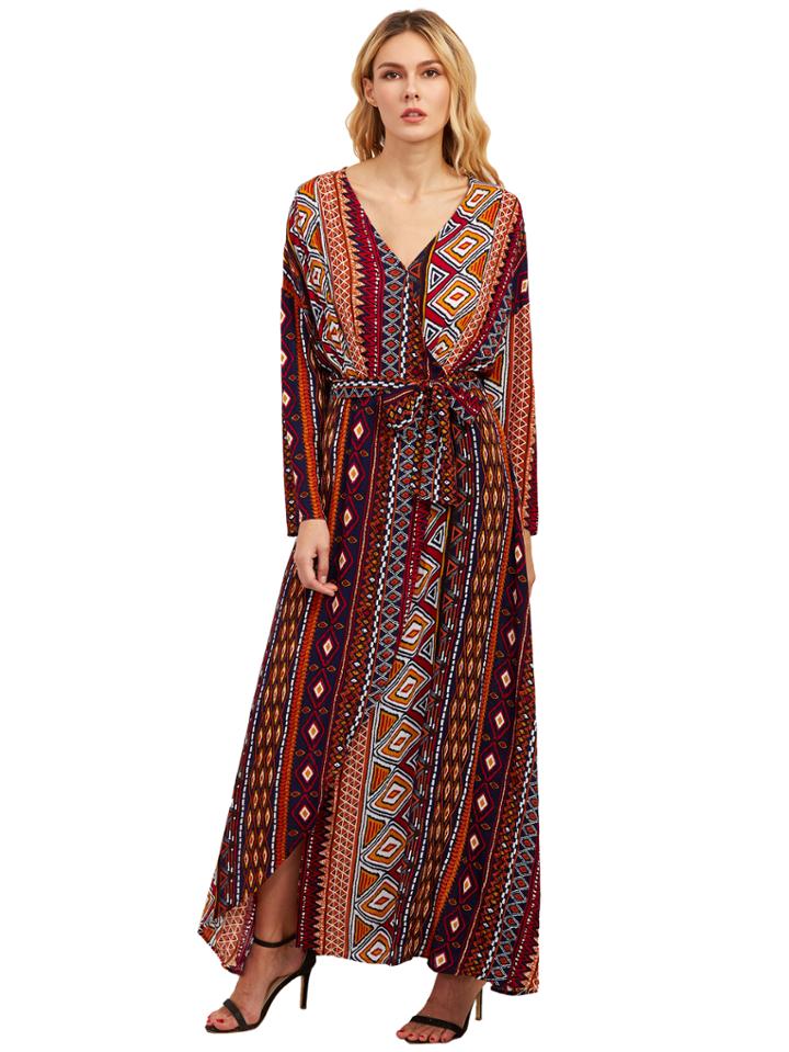 Shein Aztec Print Tie Waist Split Maxi Dress