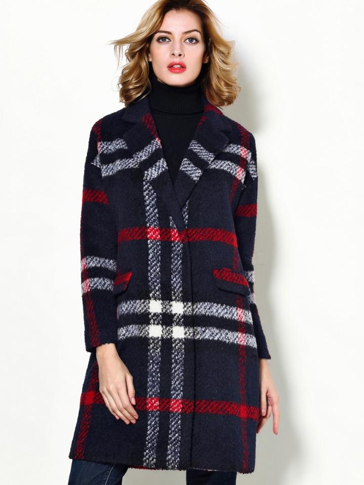 Shein Navy V Neck Long Sleeve Pockets Coat
