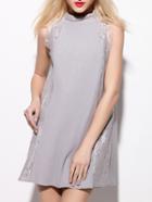Shein Grey Pleated Pockets Contrast Lace Dress