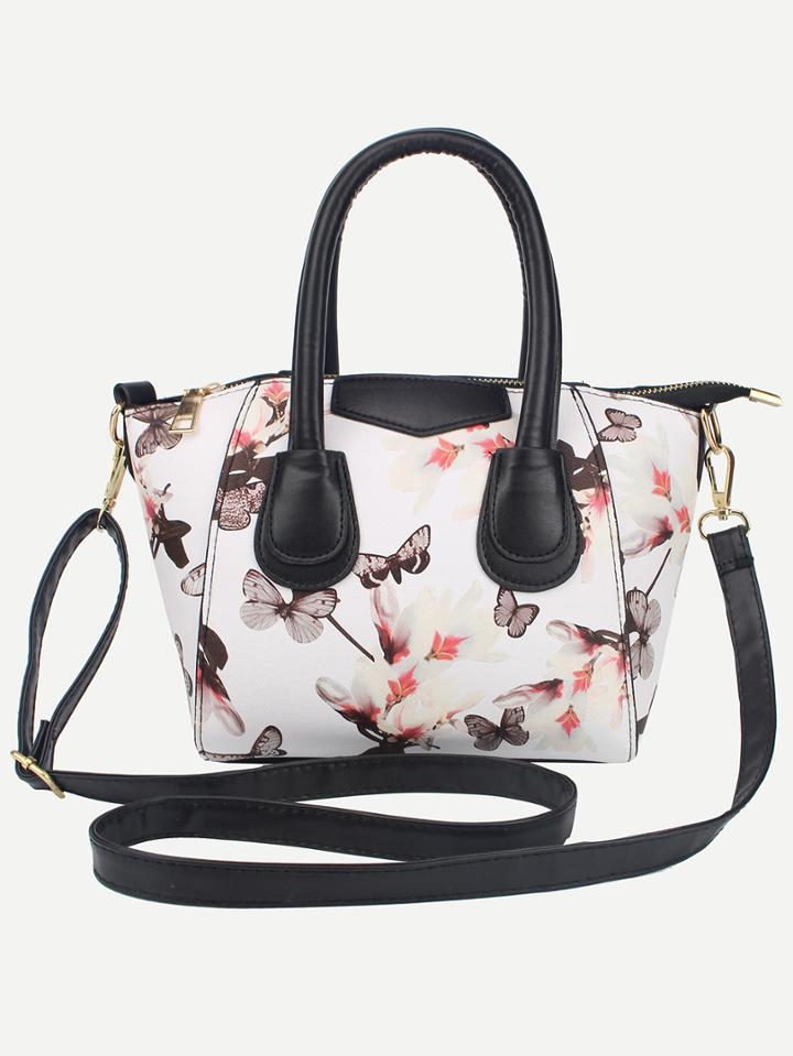 Shein White Zipper Florals Pu Bag