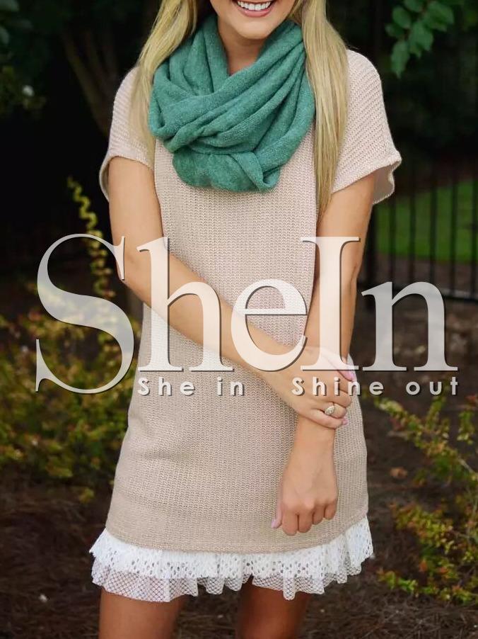 Shein Pink Contrast White Lace Flounce Hem Sweater Dress
