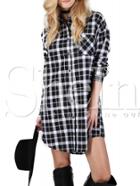 Shein Black White Long Sleeve Lapel Plaid Dress