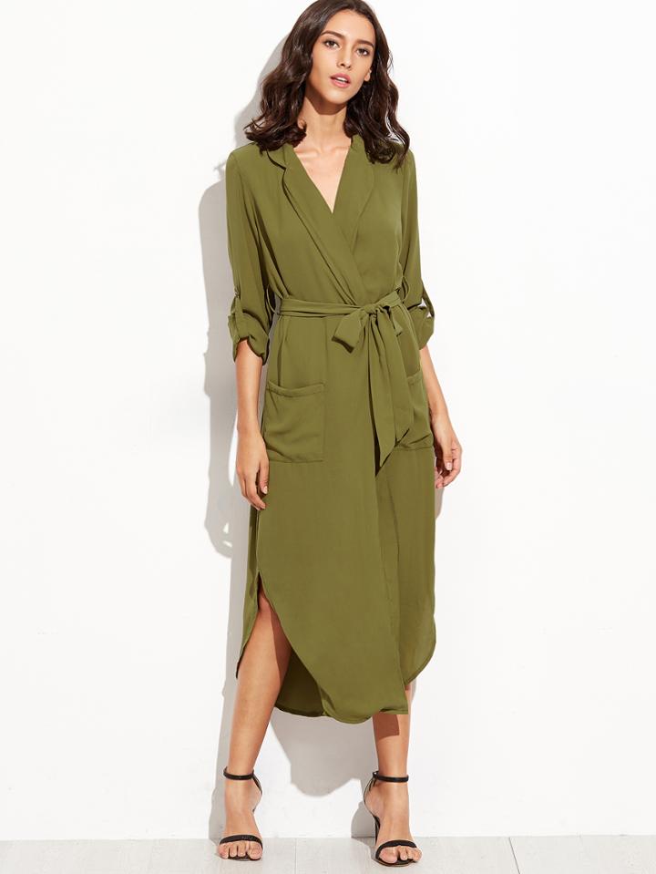 Shein Army Green Self Tie Warp Dress With Pockets