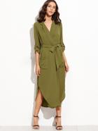 Shein Army Green Self Tie Warp Dress With Pockets