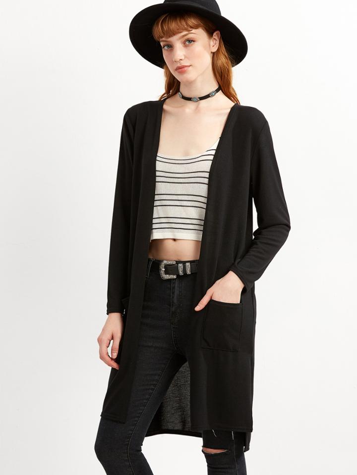 Shein Black Slit Side High Low Pockets Cardigan