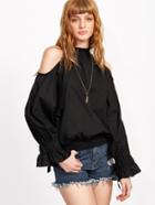 Shein Black Open Shoulder Keyhole Back Shirred Top