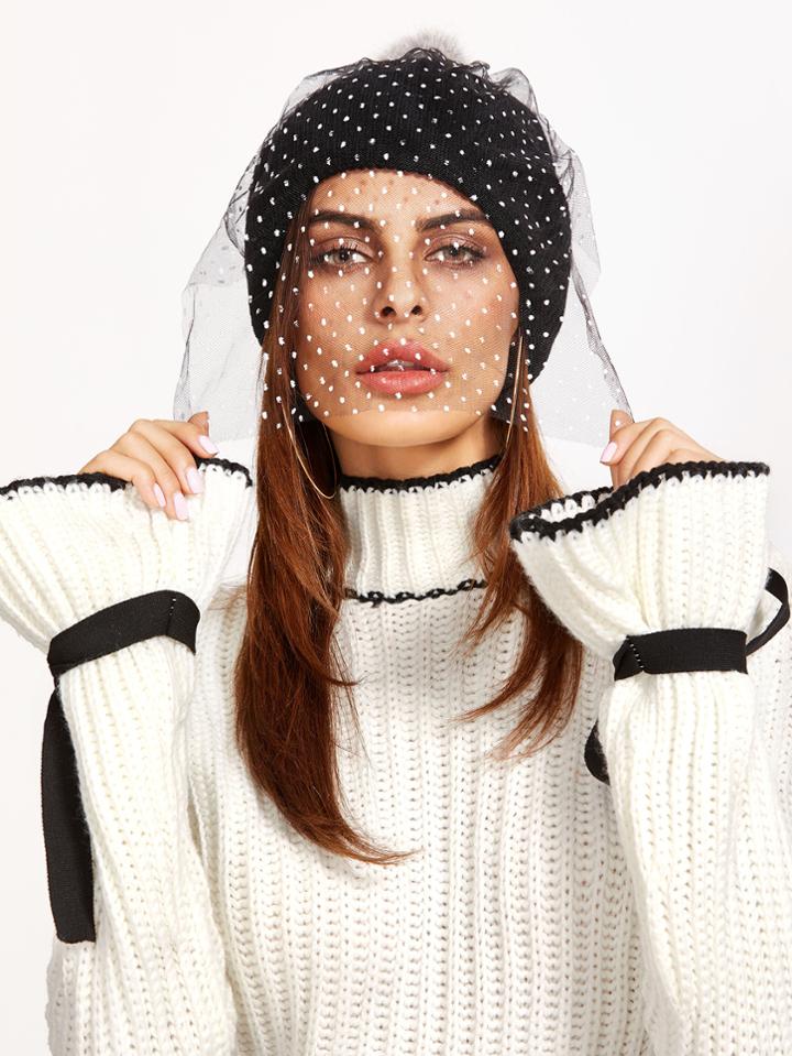 Shein Black Mesh Veil Contrast Pom Pom Beanie Hat