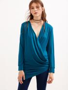 Shein Peacock Green Deep V Neck Asymmetrical Wrap T-shirt