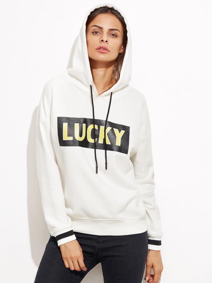 Shein White Letter Print Striped Cuff Hoodie
