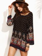 Shein Black Ornate Print Bell Sleeve Dress