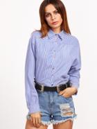 Shein Blue And White Striped Pointed Collar Button Up Blouse