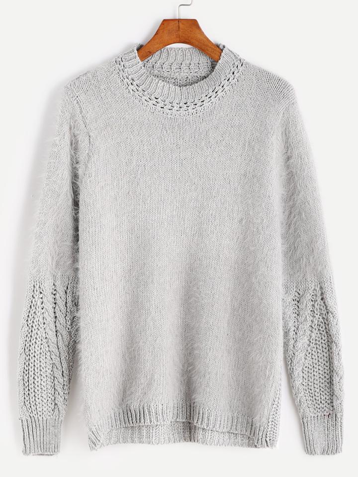Shein Grey Hollow Cable Sleeve Fuzzy Sweater